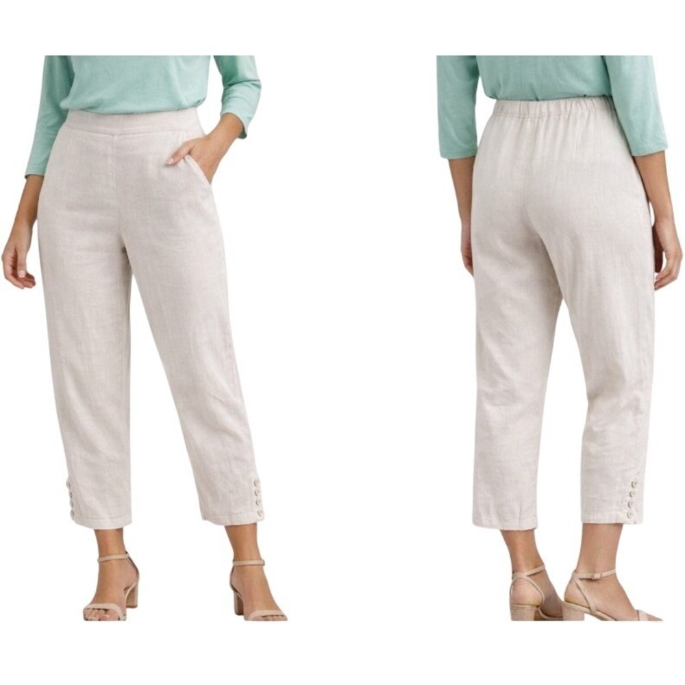 J Jill Linen Stretch Pants Beige Cropped Button Hem Coastal Chic Resort Women M